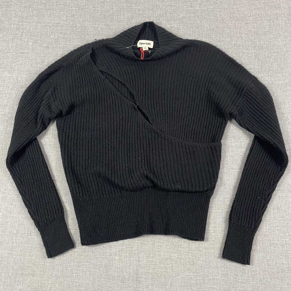 Open Edit Sweater Womens XXS Black Mock Neck Ribbed Chunky-Knit Pullover